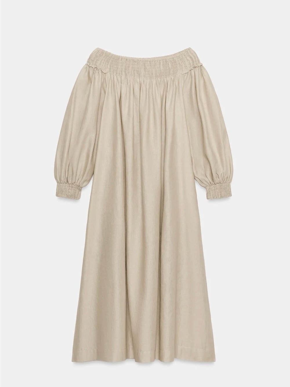 ZARA NWT Off-Shoulder Smocked-Neck Midi Dress in Light Beige